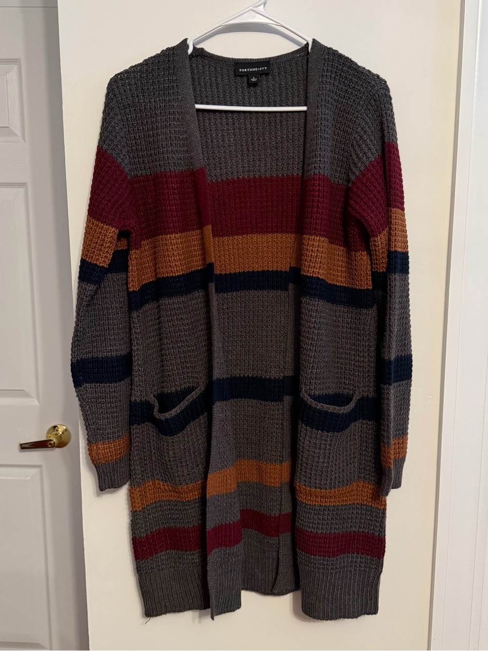 Fortune & Ivy‎  gray Open-Front Cardigan with Burgundy, Mustard & Navy Stripes S